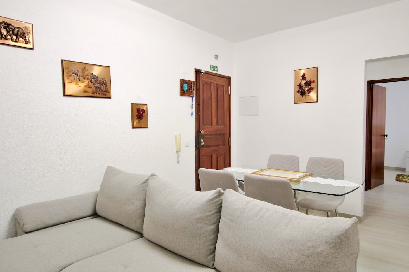 Loundge whith sofa and view of the rest of the living room and hallway