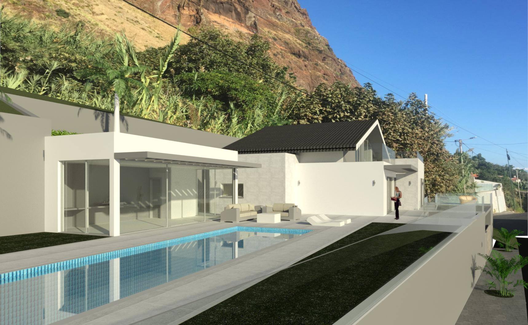 Swimming pool area and side facade of the house