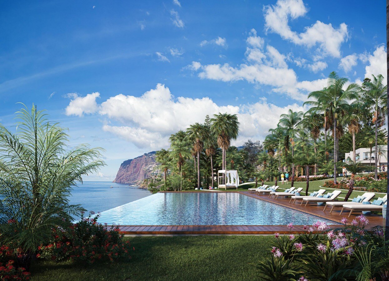 Pool area, infinity swimming pool sunloungers, a garden and sea view