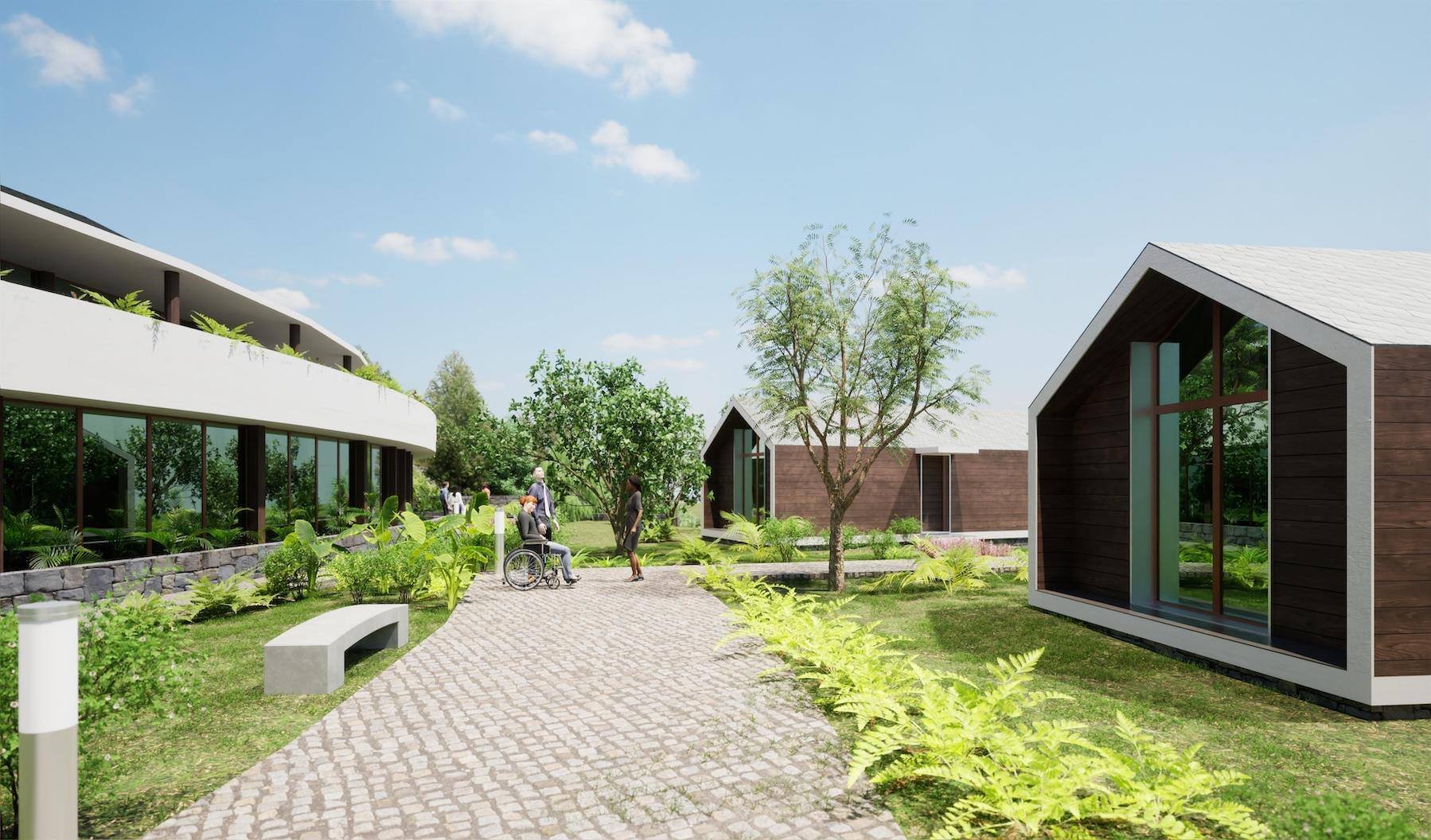 Walk way with garden and service areas